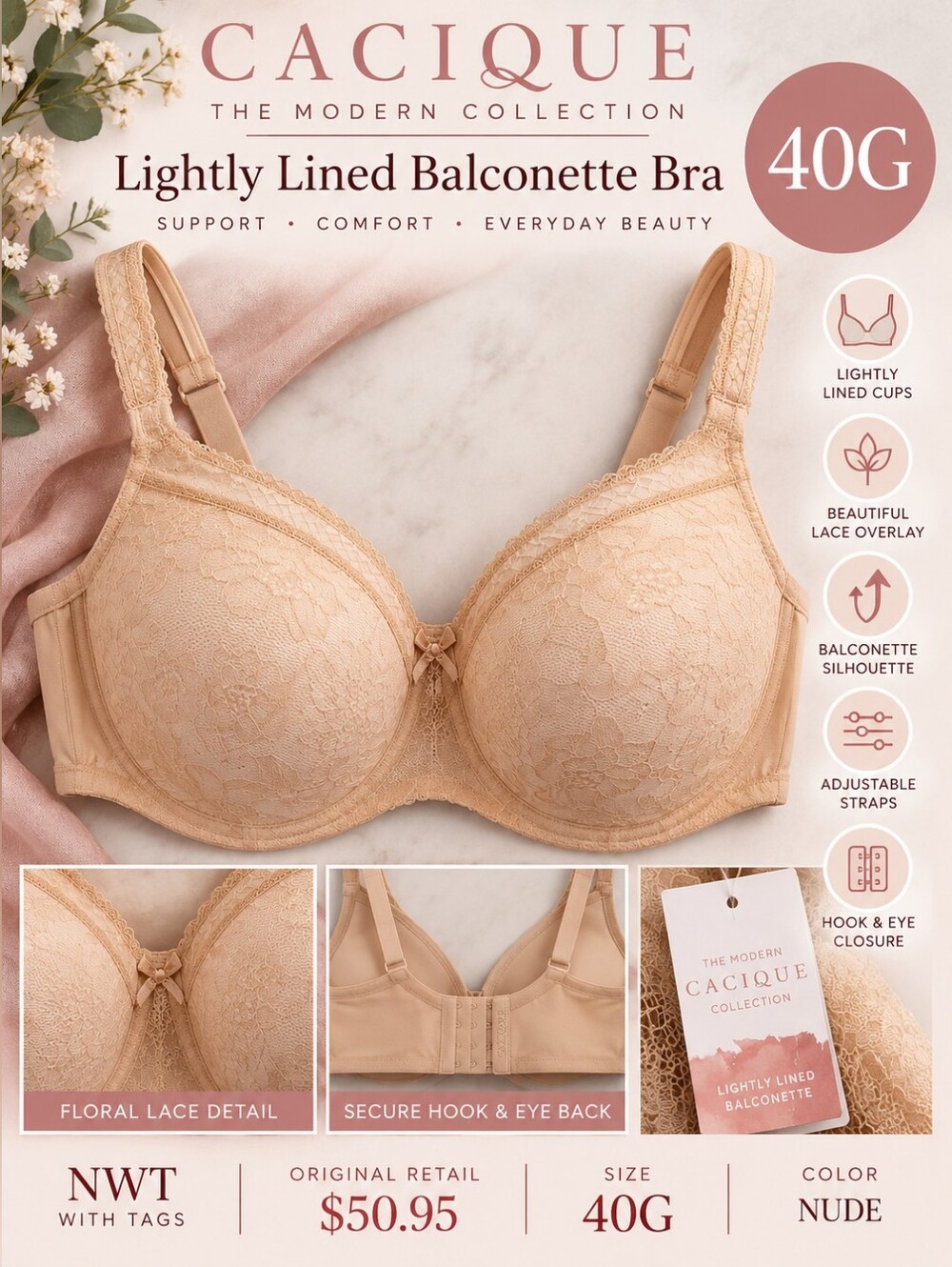 NWT Cacique Lightly Lined Balconette Bra 40G Nude Lace